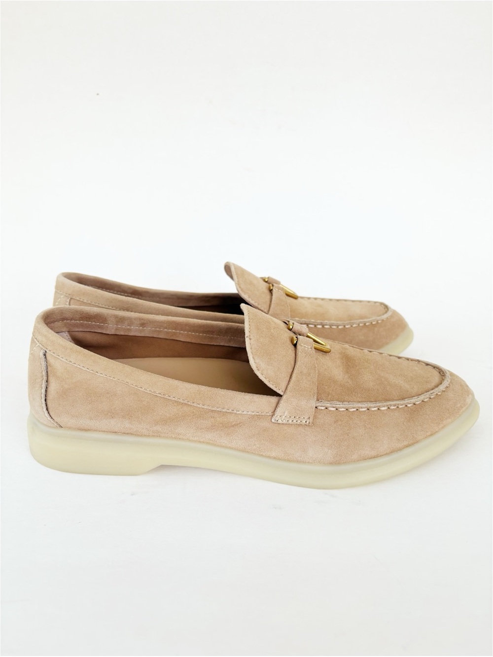 Veronica Beard Ailey Suede Loafers Beige Camel Gold V Hardware Size 6.5 - Picture 6 of 15